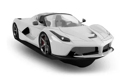 Sleek white convertible supercar with black accents and red calipers on a white background.