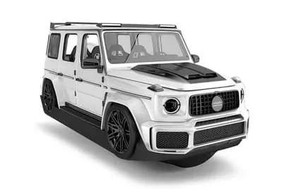 White modified Mercedes G-Wagon with black hood scoop, roof rack, and black custom wheels.