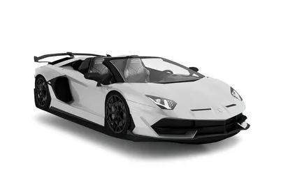 Sleek white Lamborghini Aventador SVJ Roadster with black wheels and a large rear spoiler.