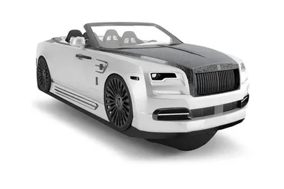 White luxury convertible with black accents hovering in mid-air against a plain white background.